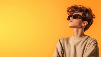 A stylish young person wearing sunglasses, set against a vibrant orange background, showcasing a sense of confidence and fashion-forward attitude.