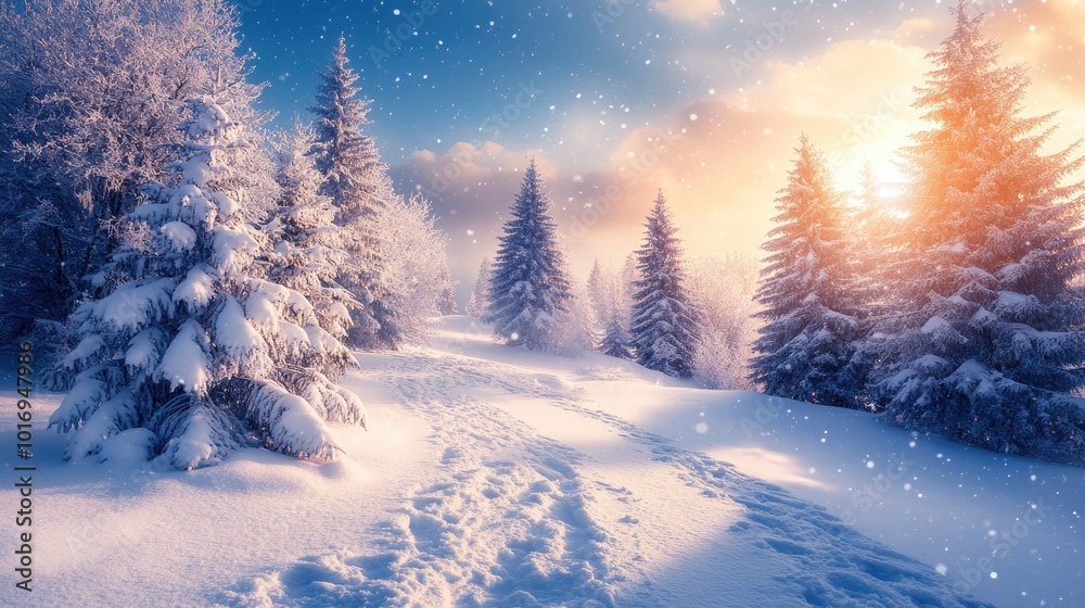 Snowy path winding through a magical winter wonderland forest Stock ...