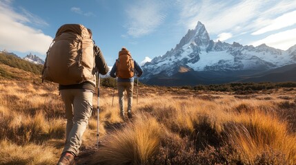 Two hikers with large backpacks trek through grassy fields, heading towards a majestic snow-capped mountain under clear skies, capturing a sense of adventure and exploration.