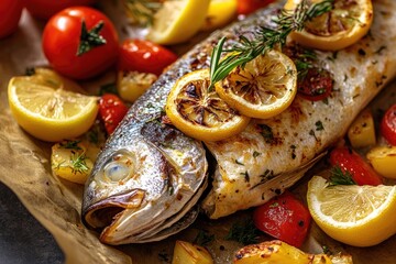 Wall Mural - Dorado fish lying on baking paper with vegetables is ready to eat