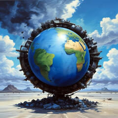 Realistic illustration of earth globe surround with black diesel oil barrel pollution.