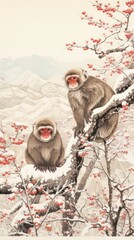 Sticker - Japanese monkeys winter wildlife nature animal.