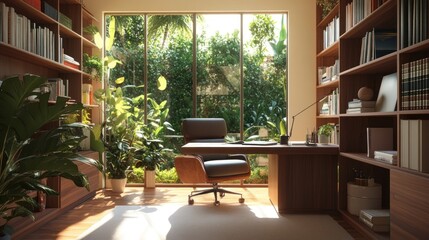 Poster - A serene home office with a view of lush greenery and natural light.