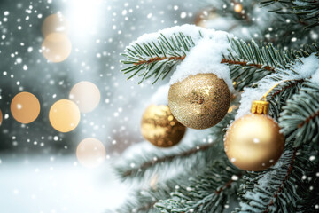 Christmas tree branch with golden baubles on bokeh background