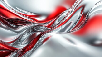 Poster - Abstract fluid design featuring silver and red waves creating a dynamic visual effect.