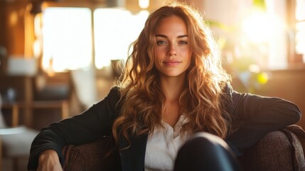 a woman sits comfortably in casual attire, gazing contentedly into the distance with sunlight stream