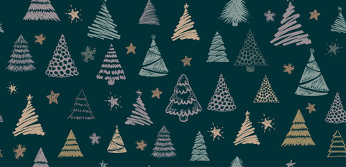 Wall Mural - christmas tree and gift on blue, pattern, hand drawn illustrations. vector.