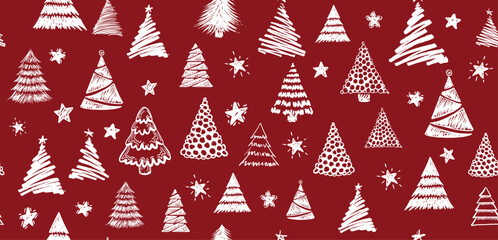 Wall Mural - christmas tree, new year set on red, hand drawn illustrations. vector.
