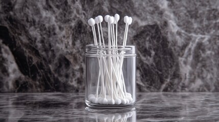 Stylish glass jar filled with cotton swabs, isolated on a polished stone background with subtle decorative elements