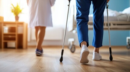 A patient walking with crutches in a hospital room, accompanied by a medical professional, highlighting recovery and support.