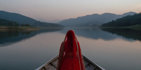 Indian Bride Standing on Pontoon Boat Amidst Beautiful Landscapes | Stunning Bridal Portrait with Scenic Views for a Dream Wedding