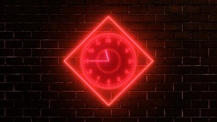 Amazing red neon light clock isolated on wall background