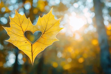 Wall Mural - Yellow maple leaf with a heart-shaped cutout hanging in focus against a blurred background of autumn trees and sunlight Generative AI