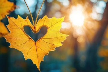 Wall Mural - Yellow maple leaf with a heart-shaped cutout hanging in focus against a blurred background of autumn trees and sunlight Generative AI