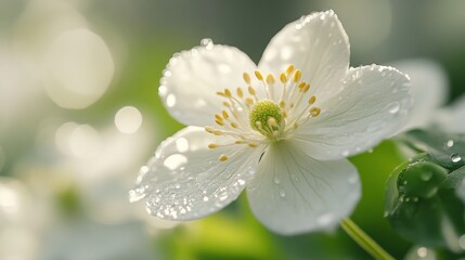 Poster - Delicate White Flower with Raindrops in Soft Light