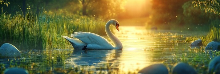 Poster - A serene swan glides through a tranquil river at sunset. The soft light creates a beautiful atmosphere surrounded by lush green nature. This peaceful scene evokes calmness and tranquility. AI