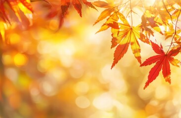 Wall Mural - Colorful Autumn Leaves on Blurred Orange Background Generative AI
