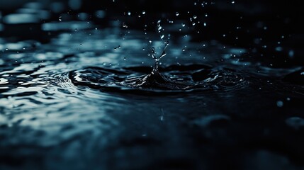 Poster - Close-up of water droplets splashing in a dark, reflective surface.