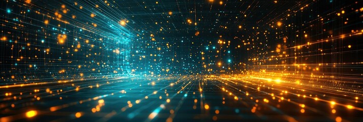 Wall Mural - Panoramic abstract technology background with glowing grid and particles