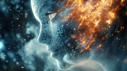 Poster - A futuristic humanoid face with digital elements and fiery textures, symbolizing technology and change.