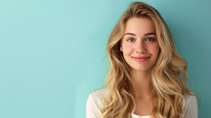 Wall Mural - Smiling young woman with blonde long groomed hair isolated on pastel flat background with copy space