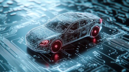 Poster - A futuristic car model displayed on a digital circuit board background.