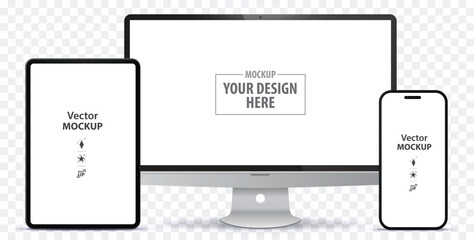 Poster - Tablet PC, Desktop Computer Monitor and Mobile Phone Screen Mockup. Digital devices template vector illustration with transparent background.