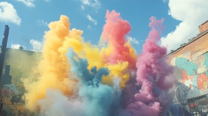Poster - colorful smoke explosion against blue sky
