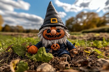 Poster - Realistic depiction of a gnome scarecrow with a creepy, twisted face set up for Halloween in a spooky field, representing the frightening decorations of gnome Halloween