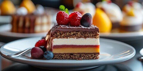 Wall Mural - Delicious multi-layered cake slice showcasing vibrant colors and textures. A perfect dessert for celebrations. Ideal for food photography and culinary art. Wonderful addition to any sweet menu. AI