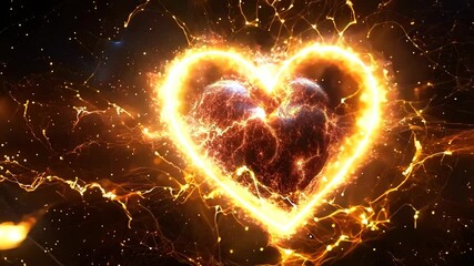 Poster - A heart is shown in a black background with a lot of fire and sparks surrounding it. The heart is broken and has a lot of damage