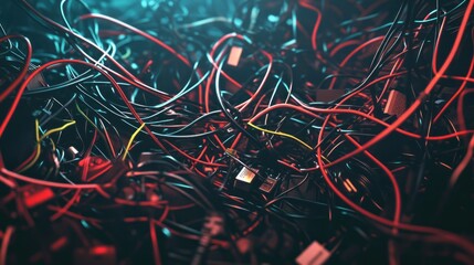 Poster - A chaotic arrangement of tangled wires and cables, showcasing complexity in technology.