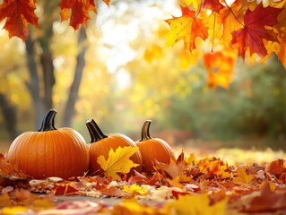 Autumn scene with maple leaves and pumpkins for stock image use