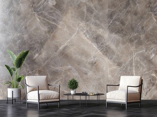 Two modern white armchairs with black metal frames placed facing each other in front of a marble wall and a round black coffee table. There is a potted plant on each side of the table, with a book