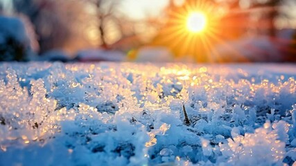 Wall Mural - A field of snow covered grass with a bright sun shining on it. The sun is the main focus of the image, and it creates a warm and inviting atmosphere