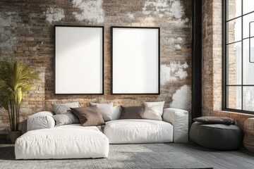 Wall Mural - Minimalist Loft Interior Decor with Rustic Poster Frames on White Brick Wall