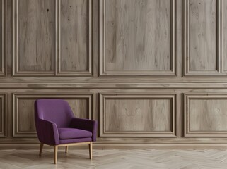 Elegant purple armchair in front of a classic wooden wall with molding. Minimalist interior design and furniture concept