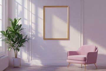 Wall Mural - Modern Living Room Interior with Stylish Armchairs, Art Decoration, and Mockup Frame