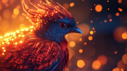 Poster - Vibrant Bird with Fiery Feathers and Sparkling Effects