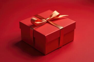 Elegant red gift box with gold ribbon bow on bright red background with copy space