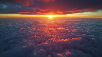 Wall Mural - Beautiful view on the bright orange sunset sky with clouds from above .  