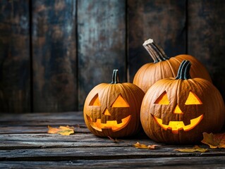 Sticker - scary halloween pumpkins on dark wood background with selective focus