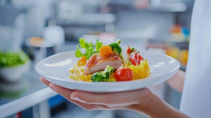 Wall Mural - The hand of a waiter carrying food is close-up in this picture of a modern food stylist creating a presentation for a meal in a restaurant. Close-up of the food style. Serving in a restaurant.