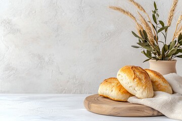 Bread baked fresh and served on a wooden board with golden brown crust