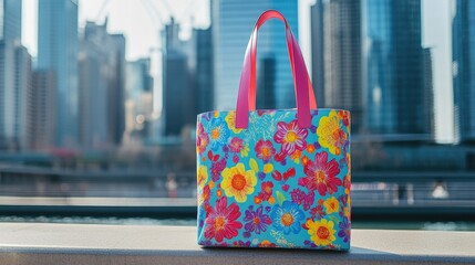 Colorful Tote Bag Against City Skyline