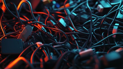 Poster - A tangled mass of various electronic cables and chargers in a chaotic arrangement.