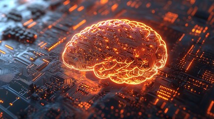 Aufkleber - A glowing brain shape is displayed on a circuit board, representing artificial intelligence and the future of technology.