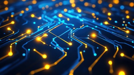 Poster - This vibrant composition of a circuit board features dynamic blue and orange lines connected by glowing lights, highlighting the complexity of digital technology and design