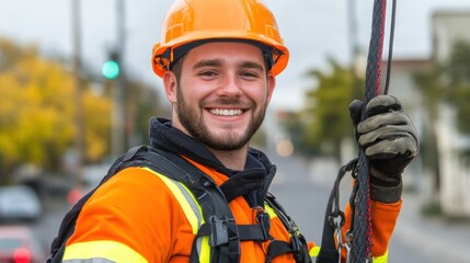 A cheerful construction worker stands at a city intersection holding safety equipment. He wears an orange helmet and reflective gear, showcasing his positive attitude in a bustling environment