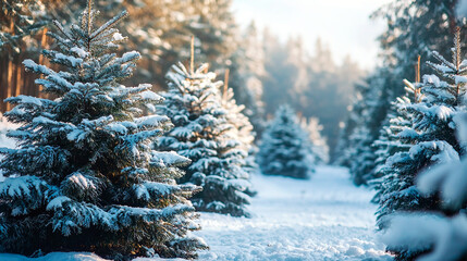 winter forest in the snow small Christmas pine trees
